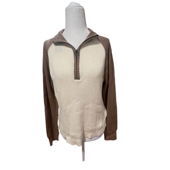 Nwt womens Monrow color block Reglan half zip sweater size xl cream and‎ brown - Picture 5 of 13